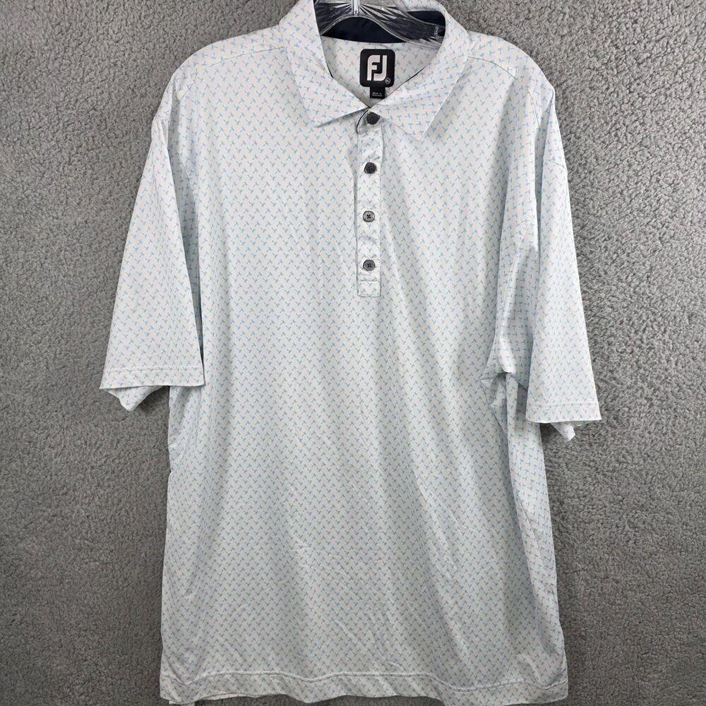 Footjoy Polo Shirt Men's Size XL Palm Tree Short Sleeve Golf White with Blue AOP